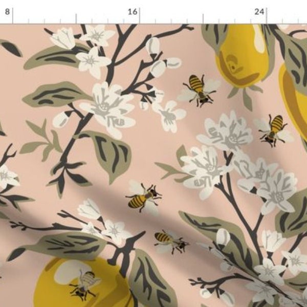 One (1) Curtain Panel or Valance - Bees and Lemons Blush Drapery - Handmade to Order Window Treatments - Yellow, Blooms, Flowers, Insects