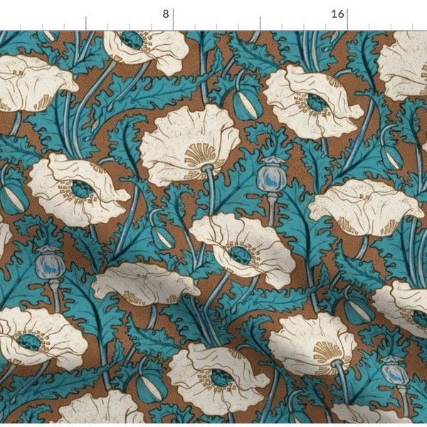 One (1) Curtain Panel - "Vintage Poppy in cream teal blue rust brown" - 50" Wide Blackout lining available. Linen Cotton Canvas Curtains