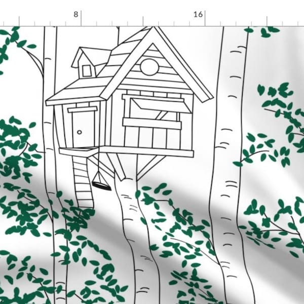 One (1) Curtain Panel - Cotton "Treehouses" - 54 inch Wide - Home Decor for Kids, fun curtains, trees, houses, tree, leaves, birches