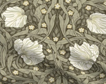 May include: A repeating pattern of stylized white flowers and green leaves on a dark brown background. The design is reminiscent of Art Nouveau style.