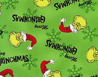 Table Linens, &quot;Kaufman How The Grinch Stole Christmas Grinch Faces Green&quot; Holiday - Grinchmas Decor - Happy Holidays -Tablecloth, napkins
