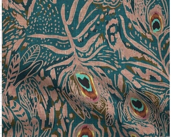 May include: Teal fabric with a pink and brown peacock feather pattern. The feathers have a detailed design with black, orange, and turquoise accents.