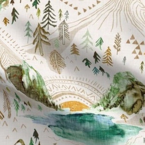 One (1) Curtain Panel Valley of the Sun Olive - Blackout lining available - Boho Pine Trees, Nature, Forest, Watercolor, Lake, River