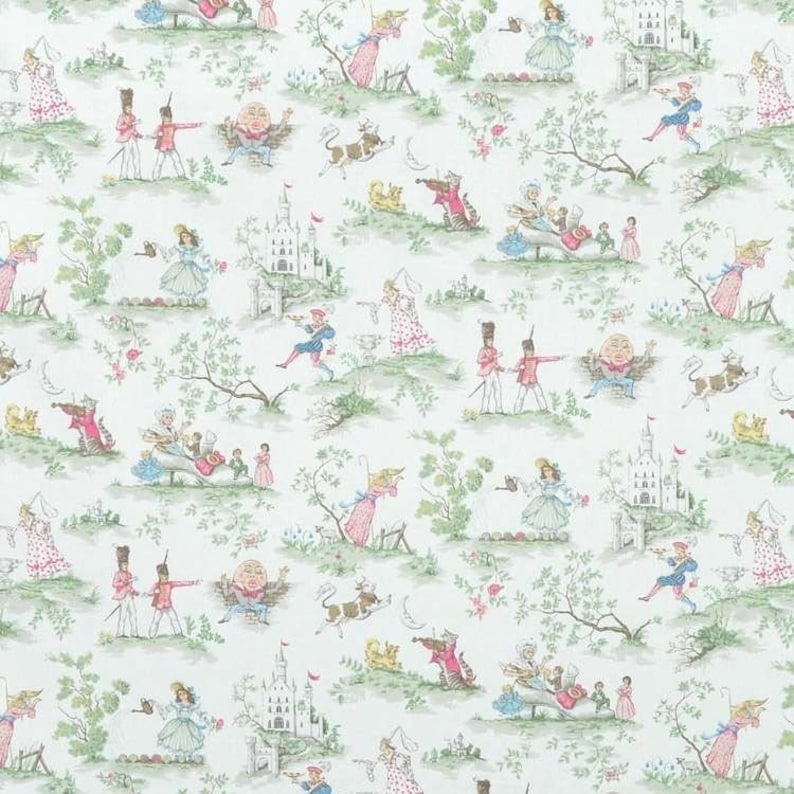 May include: A white background with a repeating pattern of whimsical illustrations. The pattern includes a castle, a man with a moon for a head, a cow, a cat playing a violin, a bird, a tree, and people in various poses.