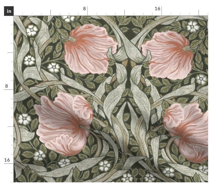 One Curtain Panel - "William Morris Pimpernel Light Pink" - 50 inch Wide, Blackout lining available. Linen Cotton Canvas. Handmade in Ohio