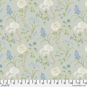 May include: A seamless fabric pattern featuring a repeating design of white and blue flowers on a light blue background. The flowers are arranged in a vertical pattern, with the stems and leaves forming a delicate vine-like design.
