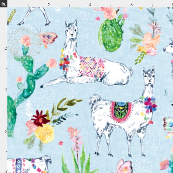 Organic Cotton Lovely Llama Sky Blue One Curtain Etsy