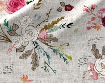 May include: Floral fabric with a light gray background. The fabric features watercolor-style flowers in shades of pink, white, and red, along with green and brown leaves and stems. The design has a soft, vintage aesthetic.