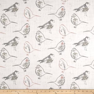 One Curtain Panel - "Premier Prints Bird Toile Slub Canvas Blush" Custom Handmade Window Treatments. Beige, Pink, Gray