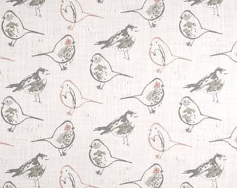 One Curtain Panel - "Premier Prints Bird Toile Slub Canvas Blush" Custom Handmade Window Treatments. Beige, Pink, Gray