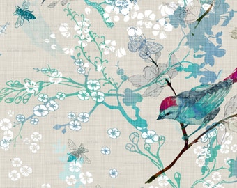 One Roman Shade - Organic Cotton "Birds & Bees" Available in Yellow, Rose, Aqua or Mint. Custom Made to Order Window Treatments.