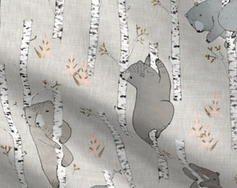 One (1) Curtain Panel Organic "Birch Bears Latte" - 54" Wide - Blackout lining available -  White Birch Bark Decor - Birches and Baby Bear