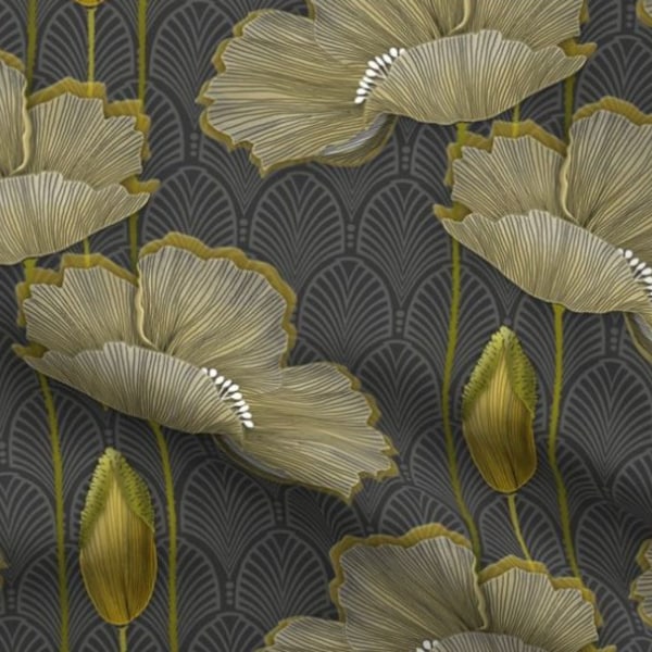 One (1) Curtain Panel - "Art Deco Fleurs D’or"  - 54" Wide - Blackout lining available. Large gold flowers on charcoal grey. Handmade