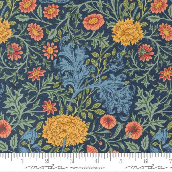 One Curtain Panel "Chrysanthemum Kelmscott Blue" fabric Morris Meadow By Barbara Brackman for Moda Fabrics. William Morris Design