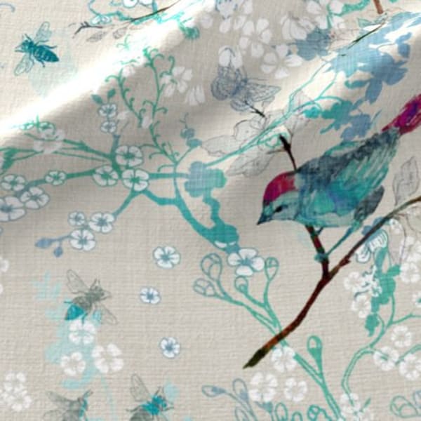 One (1) Curtain Panel Cotton "Birds + Bees Aqua" 54" Wide. Teal Sateen Cotton Fabric with White Flowers, Colorful Birds, Twigs.