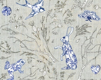 Botanica Wilde Cotton Toile Fabric Tablecloth or Runner - Table Linens - bunny rabbit, frog, bird, butterfly, plants, flowers, mushrooms,