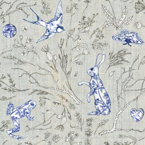 Table Linens - "Botanica Wilde" Cotton Toile Fabric Tablecloth or Runner - bunny rabbit, frog, bird, butterfly, plants, flowers, mushrooms,
