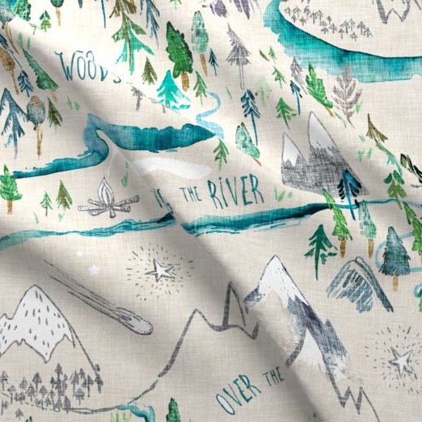 One (1) Curtain Panel "Let's go Adventuring Cream" 54 inch wide - Blackout lining option - Wildlife, cabin, nature, outdoor, mountains