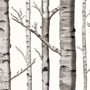 May include: A close-up of a white background with a pattern of birch trees. The trees are all different sizes and have a natural, rustic look.