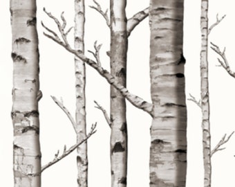 One (1) Curtain Panel or Valance Organic White Birch Tree Drapery - 54" Wide - Blackout lining available - White Birches, White, Grey, Black