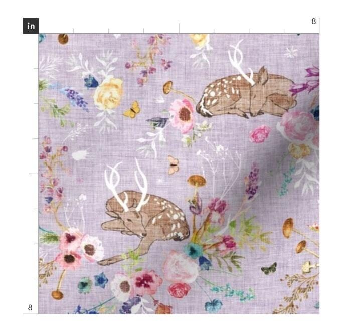 One (1) Curtain Panel. Cotton "Fawn Garden Lavender Medium" - Home Decor for Any room. Nursery, Deer, Boho, Antlers, Purple, Flowers
