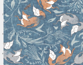 Forest "Deluna Foxen Denim" Drapery One wide Curtain Panel - Blackout lining available- Nursery baby animals, Fox, Leaves, Plants, birds