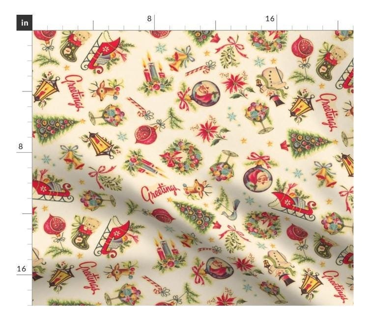 Table Linens "Retro Christmas Decals" Organic Cotton Fabric Tablecloth, Runner, Placemat, Napkin - Holiday Christmas, Santa, Vintage