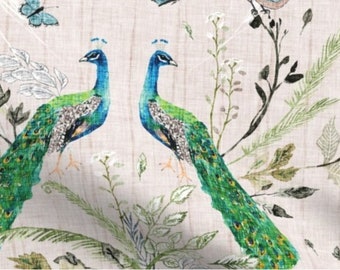 May include: Two peacocks with blue and green feathers stand facing each other in a floral pattern. The background is a light beige with a subtle texture.