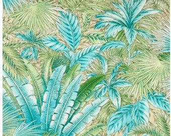 Ein Duschvorhang aus dem Stoff „Tommy Bahama Bahamian Breeze Aloe“. Handgemacht, um Badezimmerdekor zu bestellen. Bedruckter Stoff aus Polyester