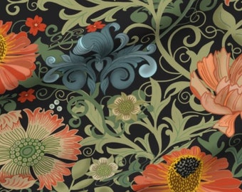 Un (1) panneau de rideau en coton « Le Jardin Art Nouveau noir » - 54 pouces de large. Tissu en coton satiné avec de grandes fleurs orange vif