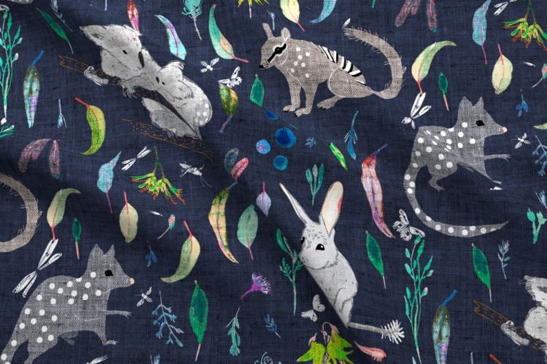Organic Cotton Terra Australis Marsupials Night Sky One Curtain Panel Koala bear Quoll and Bilby Australian Numbat Home Decor Nursery