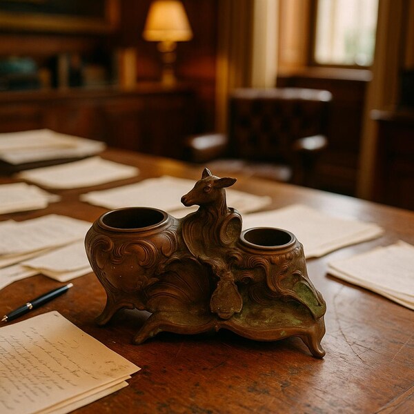 Antique Detroit Michigan City Hall Brass Double Inkwell – Deer Desk Decor – Vintage 19th‑Century Pen & Ink Pot