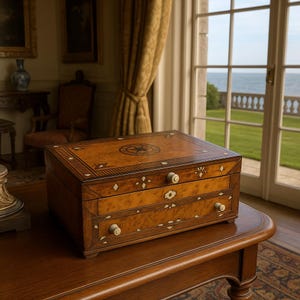 Antique 19thC Sailor&#39;s Sewing Box – Inlaid Wood, MOP Star, Bone Knobs, Mirror, Supplies, New England Folk Art