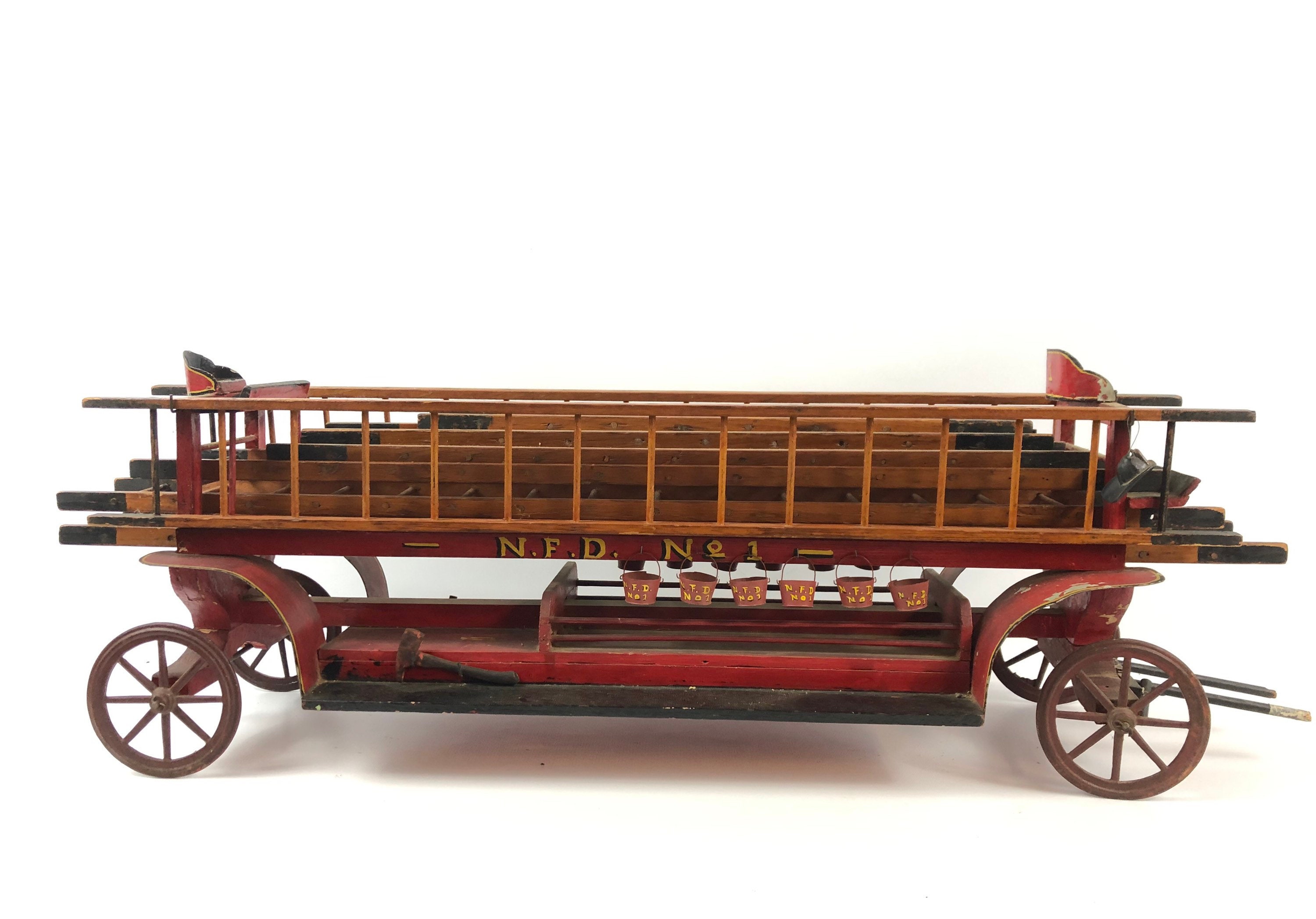 Late 1800s Antique American Folk Art Firetruck Hand painted Wooden Toy With Ladders Buckets Fire Hats N.F.D. No.1 Rare Primitive Etsy
