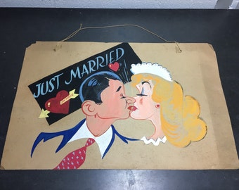 Vintage Just Married Sign! Original 1950s Painting! Wedding Decor Celebration Banner! Mid Century Sparks Flying Kissing Marriage