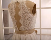 Vintage Style Lace Chiffon Wedding Dress Deep V Neckline Open Backless Dress