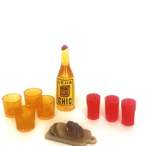 Dollhouse Miniature bottle, bread and glasses