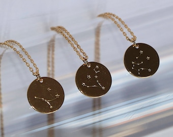 Free shipping. Polished Gold Constellations zodiac Pendant with chain.