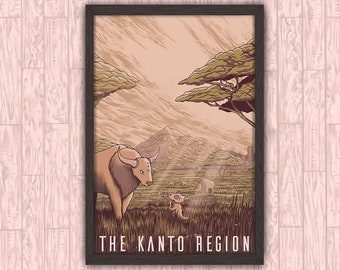 The Kanto Region - Nostalgic Retro Anime Video Game Red Blue Yellow Travel Poster Art Print Wall Decor Christmas Gift Safari Eyes On Fire