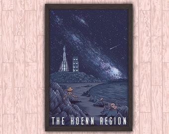 The Hoenn Region - Nostalgic Night Sky Stars Space Beach Anime Video Game Inspired Travel Poster Art Print Wall Decor by Eyes On Fire