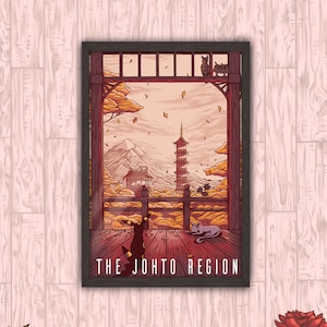May include: A framed illustration of a Japanese landscape with a pagoda, mountains, and falling leaves. The text "THE JONTO REGION" is at the bottom of the image.