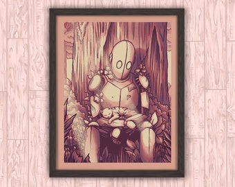 Safe Harbour - Robot Cute Cat Forest Cozy Iron Giant Unique Anime Aesthetic Sci Fi Fantasy Art Print Poster Wall Decor Eyes On Fire Art