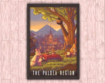 The Paldea Region - Pokemon Anime Video Game Scarlet Violet Inspired Travel Poster Teal Mask Christmas Gift Art Print by Eyes On Fire Art