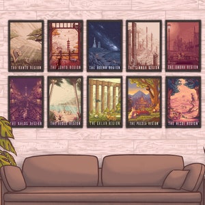 Série d'affiches de voyage Pokemon - 10 affiches de jeux vidéo, affiches d'inspiration esthétique d'anime, impression d'art, décoration murale, cadeau de Noël, par Eyes On Fire Art