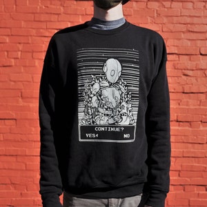 Continue? PRE-ORDERS - Please Read Description - Anime Aesthetic Retro Robot Pixel Art RPG Video Game Inspired Sweatshirt gift