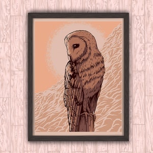 May include: Framed art print featuring a detailed illustration of a brown owl perched on a wooden post. The background includes a peach-colored sky and stylized mountain range. The artwork is enclosed in a dark brown frame.