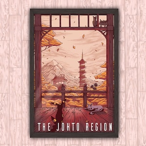 Póster de viaje inspirado en el videojuego de anime Pokémon Gold Silver de la región de Johto, regalo, decoración de pared, impresión artística de otoño de Eyes On Fire
