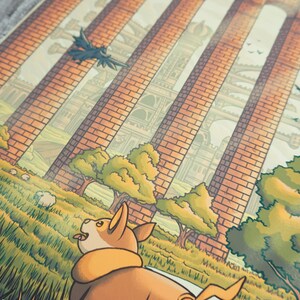 May include: A cartoon illustration of a brown and orange cat with a white collar, looking up at a tall brick structure with a city in the background. The cat is standing in a field of green grass with sheep in the foreground.