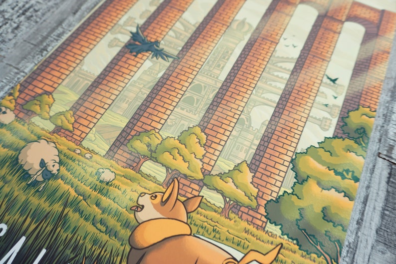May include: A cartoon illustration of a brown and orange cat with a white collar, looking up at a tall brick structure with a city in the background. The cat is standing in a field of green grass with sheep in the foreground.
