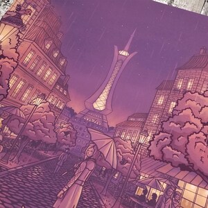 May include: A digital illustration of a city street at night with a tall tower in the background. The street is lined with buildings and trees, and there are people walking around. The sky is a dark purple color, and it is raining.